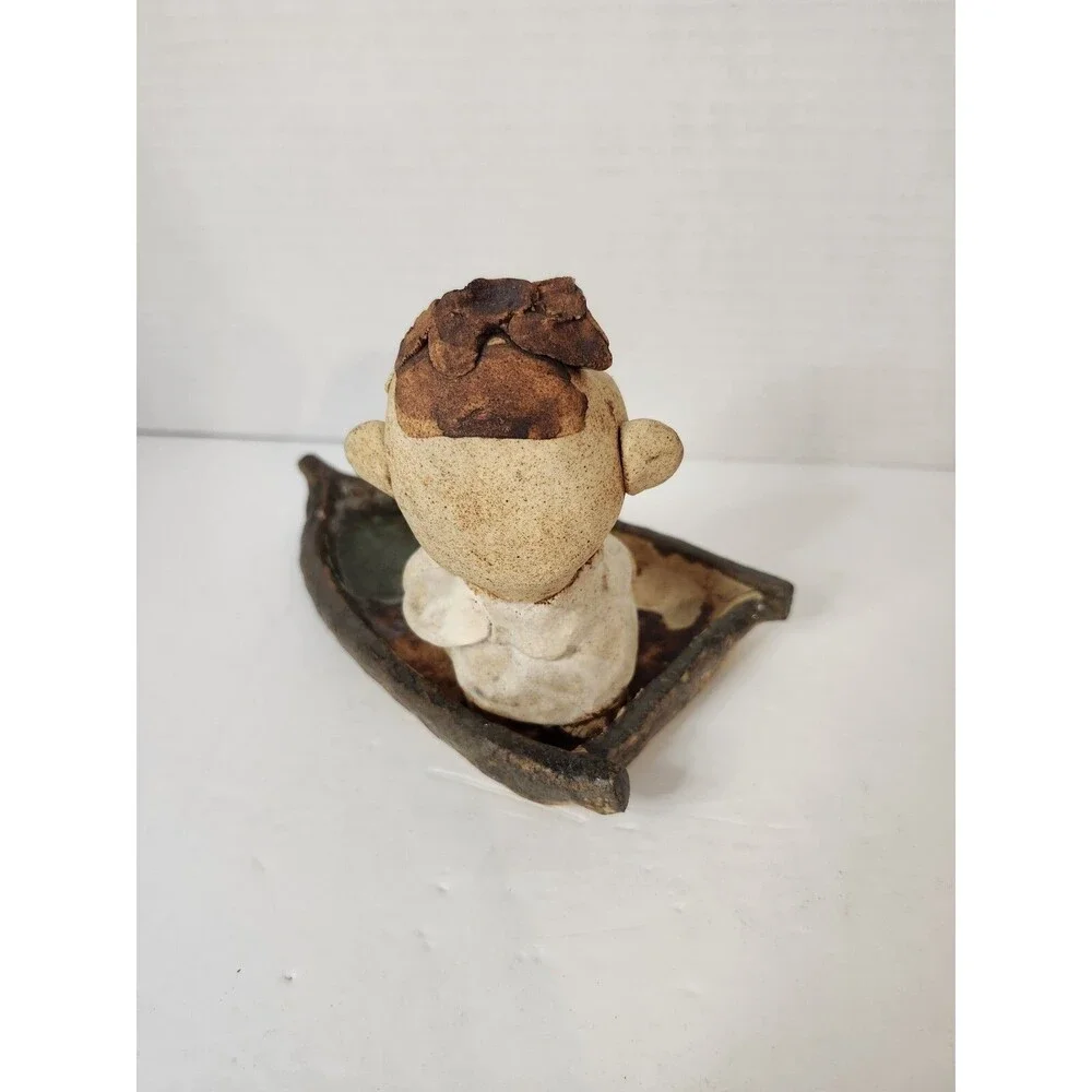 Vintage Korean Clay Pottery Figurine Boy Fishing
